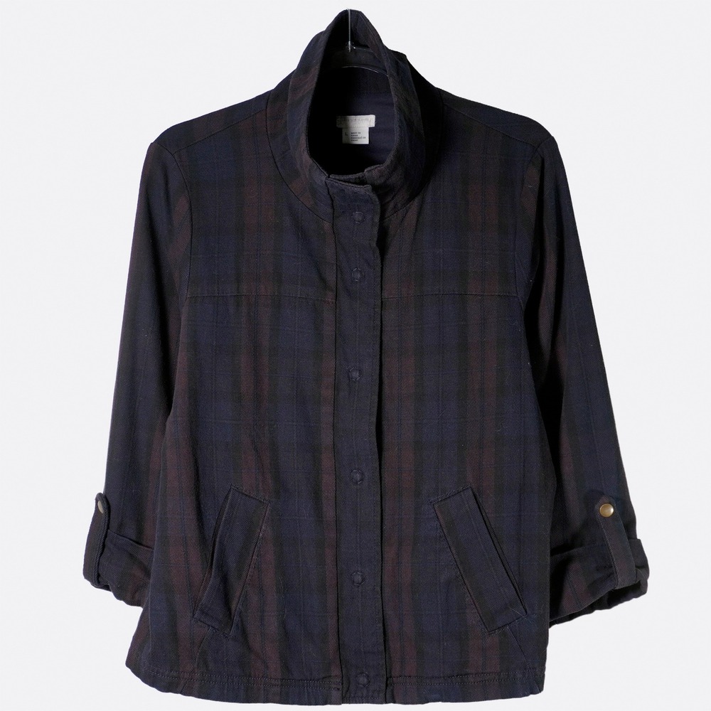 Urban Outfitters Plaid Funnel Neck Utility Jacket Navy Purple Plus 1X XL Grunge - Picture 2 of 9